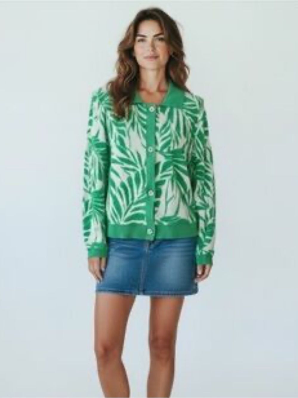 Cynthia Rowley Green Tropical Palm Leaf Tufted Knit Button Up Cardigan Sweater
